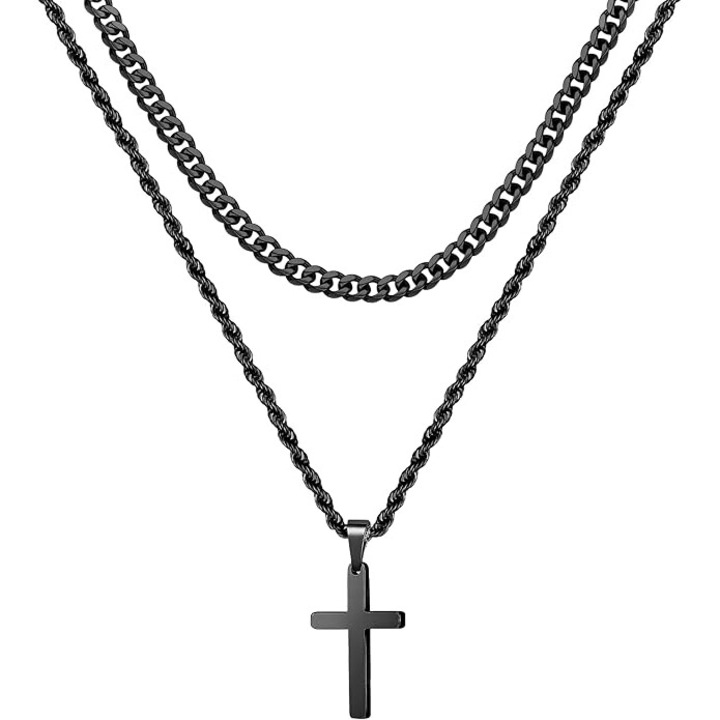 Colier cruce barbati, PEEIK, 2 piese, otel inoxidabil, 19x23 inch, argintiu