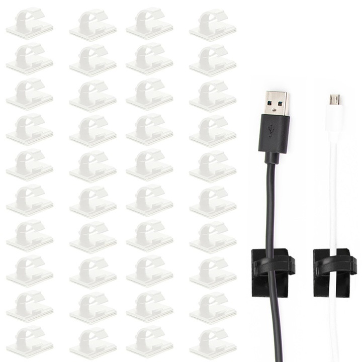 Set de 40 clips pentru cabluri, organizator multifunctional, alb, 19mm x 14mm