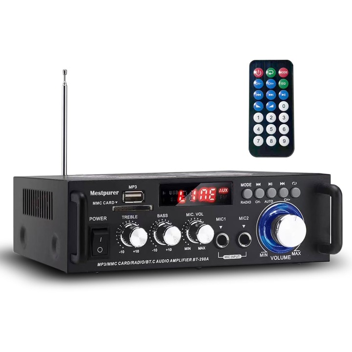 Усилвател OUYLAF BT-298A, Стерео аудио, 600W, Bluetooth, USB/SD, 2 канала, контрол на звука, черен