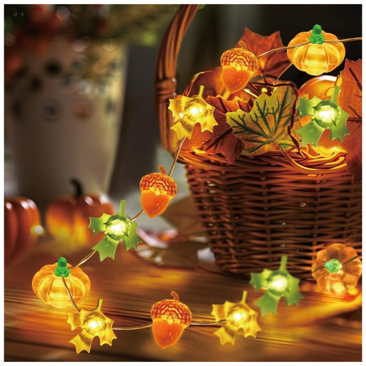 Dekoratív füzér, Rqiurpn 30 LED-del, 3m, sütőtök és juharlevél kivitelben, bel- és kültéri használatra