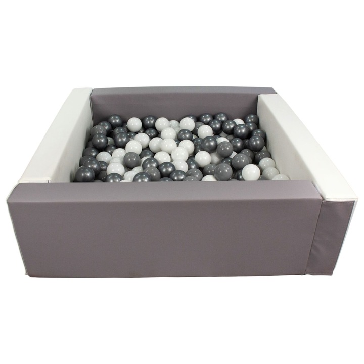Bazin de joaca patrat Velinda cu 300 bile din plastic, alb/gri, 7cm