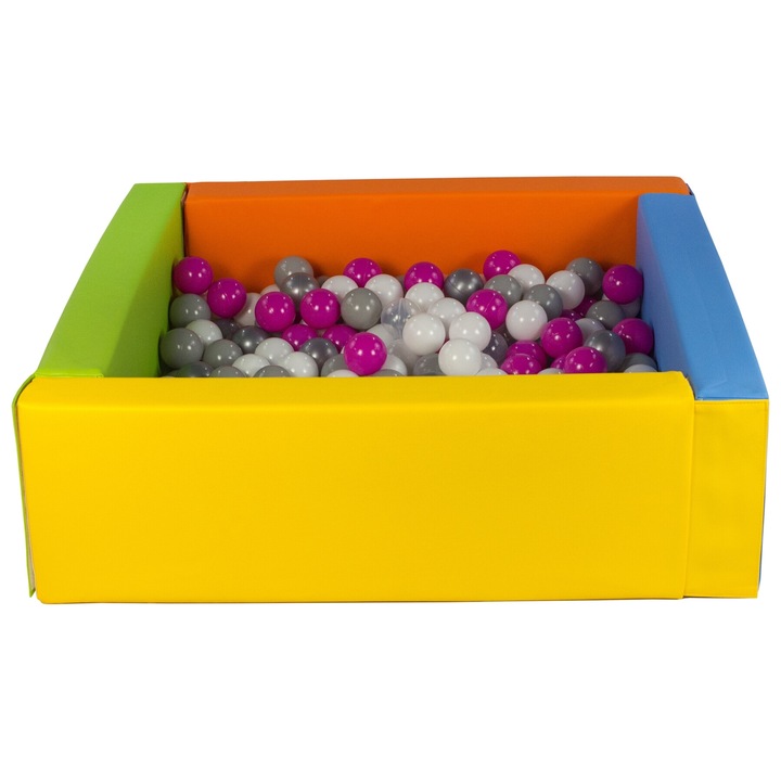Bazin de joaca patrat Velinda cu 300 bile colorate, ecopiele, multicolor, pentru copii care stau singuri