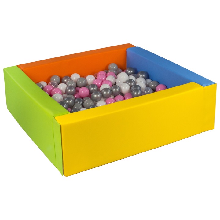 Bazin de joaca patrat, Velinda, cu 300 bile din plastic, multicolor, pentru copii, 7cm diametru bile