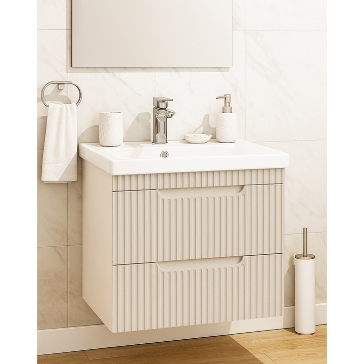 Baza si lavoar Badenmob, seria 733, 60x46x54cm, suspendata cu sertare, Crem