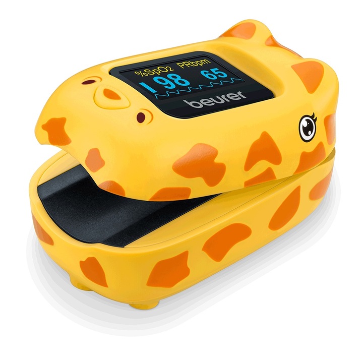 Pulsoximetru pentru copii PO 13 Kids BEURER, latimea recomandata a degetelor: 0,7-1,1 cm; greutatea recomandata: 10-40 kg, se potriveste confortabil degetelor copiilor de la varsta de 1 an, monitorizeaza nivelurile de saturatie a oxigenului