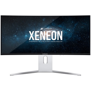 Monitor Gaming Curbat QD-OLED Corsair XENEON 34WQHD240-C, 34" UWQHD (3440x1440), 240Hz, 0.03ms (GTG), AMD FreeSync Premium, NVIDIA G-Sync Compatible, DisplayHDR True Black 400, 1800R, USB Type-C 65W, Hub USB, 2x HDMI, Display Port, Pivot, VESA, silver