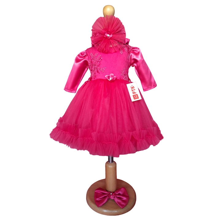 Rochie botez Fucsia, maneca lunga, 3 piese PTK 0-3 luni
