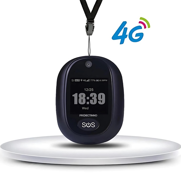 Смарт устройство със SOS бутон, 4G GPS тракер, Proiectinno, наблюдение и местоположение, анти-загуба за възрастни хора и деца, двупосочно обаждане, охранителен периметър, водоустойчив, черен