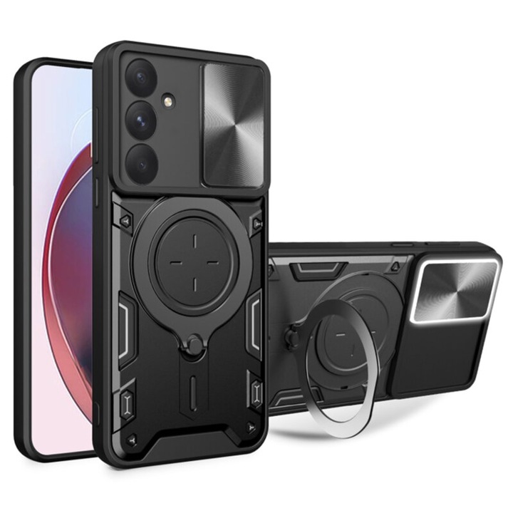 Husa de protectie compatibila cu Samsung Galaxy A55 5G, CamGuard Pro, cu inel tip stand, protectie camera, margini intarite, TPU, Negru