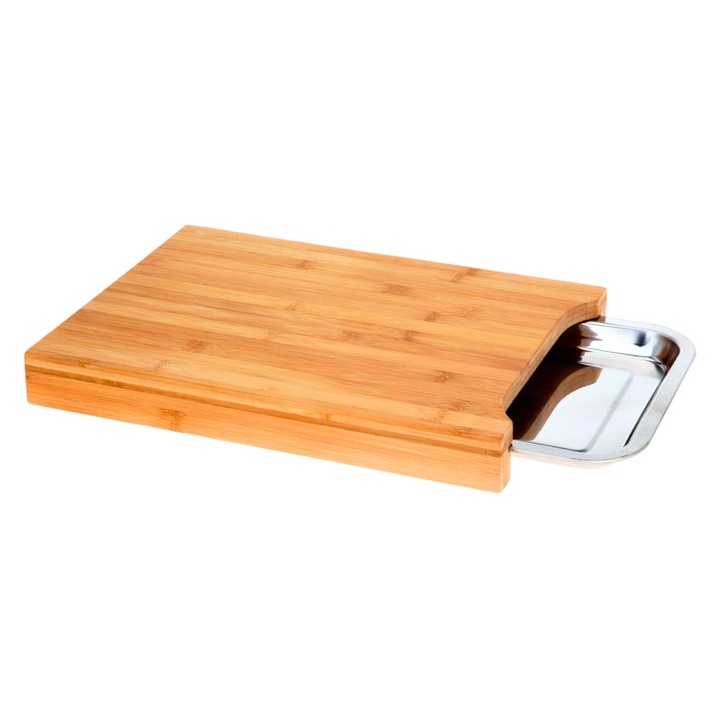 Дъска за рязане, Mindblower, изработен от бамбук, с тава от неръждаема стомана, устойчива на бактерии, устойчива, с прибираща се тава за събиране или сервиране, изключително гъвкава, идеална за рязане и сервиране на зеленчуци, плодове, сирена или месо