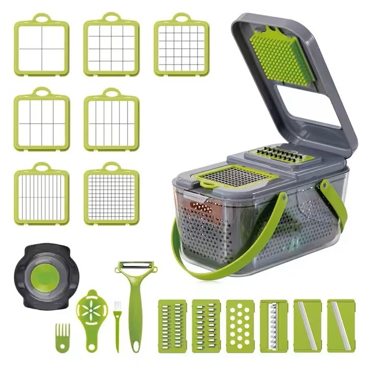 VarioShop Multifunkcionális reszelő, Zöldségekhez és gyümölcsökhöz, 22 tartozékkal, Kézi, rakott funkcióval, Védő fogantyú, Acél pengék, Rozsdamentes, Szeletelők, Kaparók, Vágók, Zöld