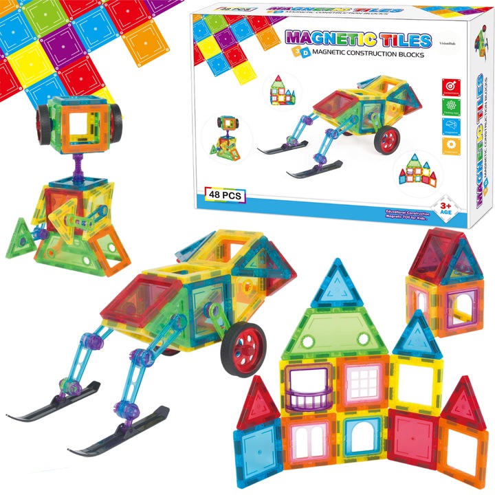 Конструктор, Magnetic Tiles 3D, 48 цветни части, креативна и образователна STEM играчка VisionHub®, множество форми за конструиране, развитие на двигателните умения и въображението, многоцветен