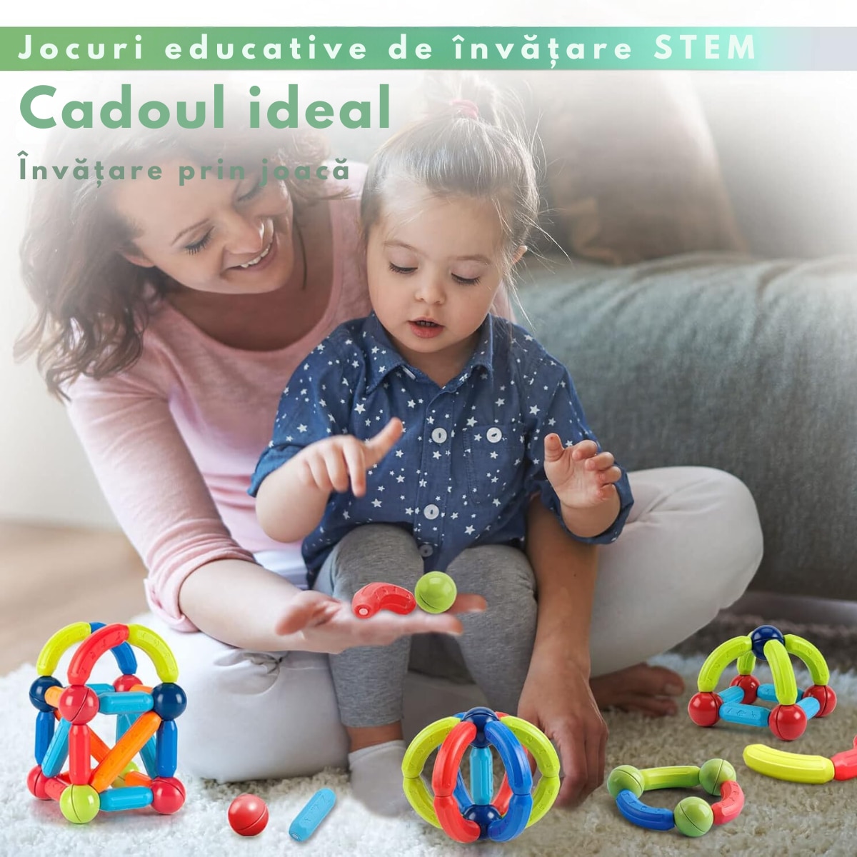 Set de Constructie Magnetic pentru Copii, 128 Piese, Educational si ...
