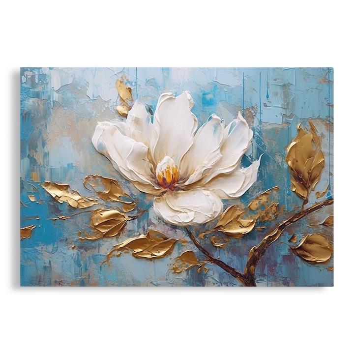 Tablou Canvas, Floral, Aspect de Pictura, Floare, Alb si Auriu 70x100 cm