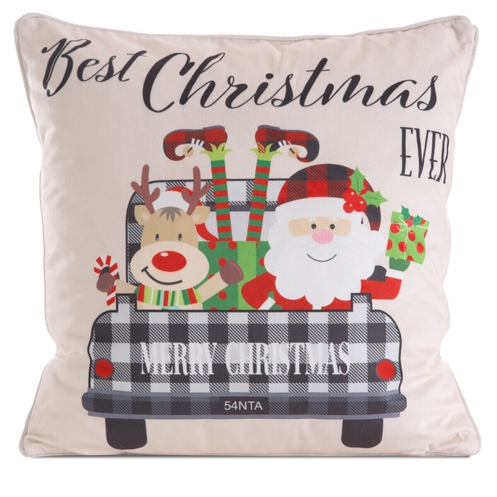 Karácsonyi bársony párnahuzat 45x45 cm Mikulás rénszarvassal Eurofirany bézs