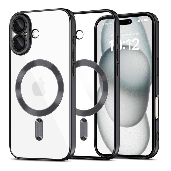 Husa de Protectie GemstoneClear MagSafe pentru Apple iPhone 16 Plus, OPTIM SOLUTION, Strong Magnet, Fast Charging, AntiShock, ProCore Tech, Decupaje Precise, Metallic Detailing Design, Negru/Clear