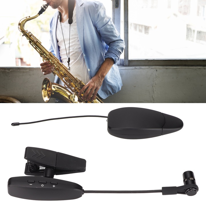 Vezeték nélküli hangszermikrofon, longziming, 360°-ban forgatható kialakítás, UHF átvitel, 400mAh, fekete