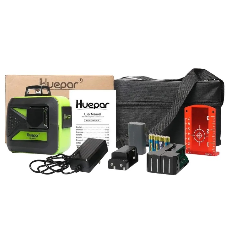 Лазерен нивелир Huepar, точност +/- 1/9 инча, работно разстояние 200 фута, захранване с акумулаторна литиева батерия, магнитна основа
