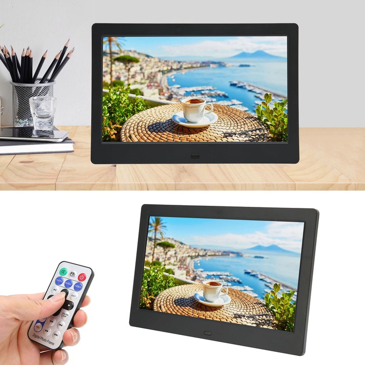 Jormftte digitális képkeret 10,1 hüvelykes, 1024x600, TFT LCD, fekete, távirányítóval