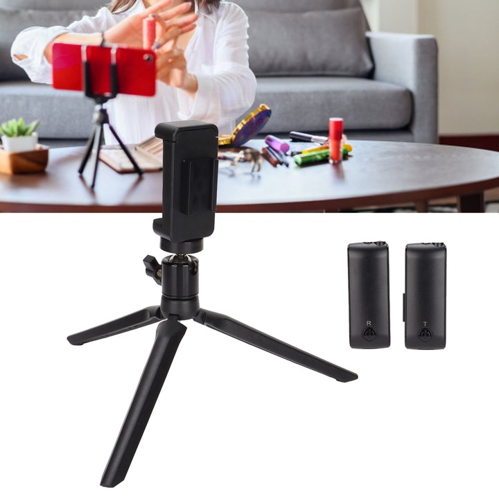 MCL-02 vezeték nélküli csíptetős mikrofon, mindenirányú, fekete, komplett szett telefontartóval és mini állvánnyal