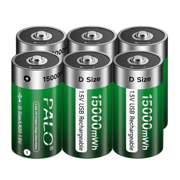 6 db D akkumulátor készlet, 15000mWh, USB újratölthető, Li-Ion