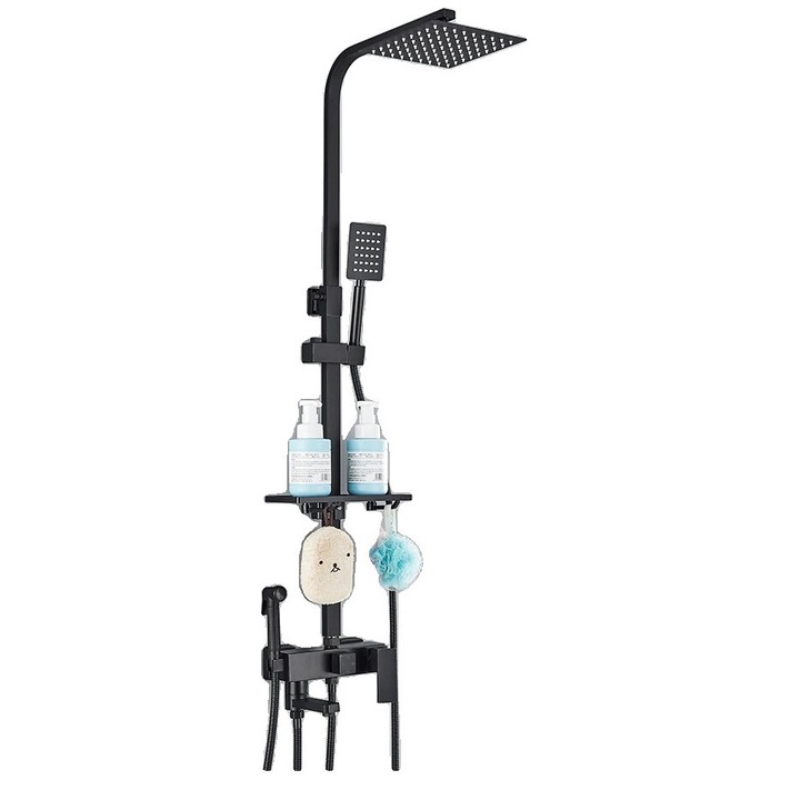 Set de dus din alama, design contemporan, tehnologie termostatica, negru mat, cap de dus din otel inoxidabil, spray de mana din otel inoxidabil