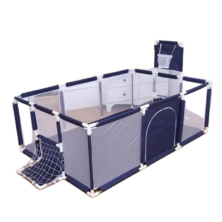 Tarc copii, albastru, 230x182x105cm, cu usi de fotbal, set cu sac pentru mingi