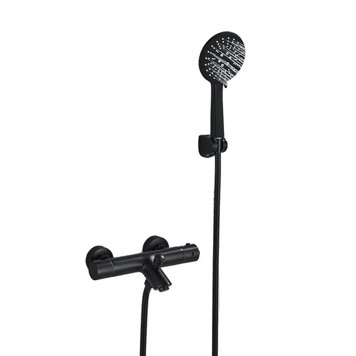 Termosztatikus csaptelep kézizuhannyal, sárgaréz csapteleppel, termosztáttal, fekete