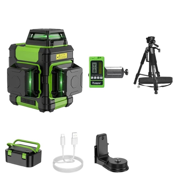 Лазерен нивелир 12 линии, двоен режим, комплект лазерен приемник, статив, твърд калъф, магнитна въртяща се основа, 23.7x17x11cm