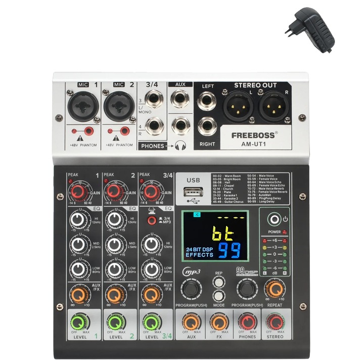 Consola de mixaj 4 canale, 99 efecte DSP, Bluetooth 5.0, priza UE, alimentare DC 12V