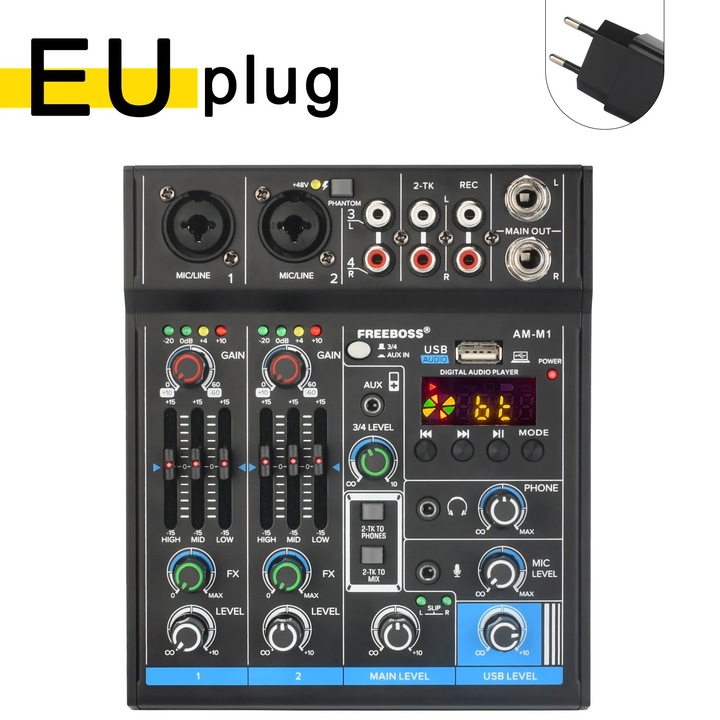 4-канален смесителен пулт, Bluetooth връзка, 48V, EU щепсел