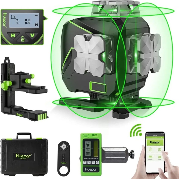 Nivela laser auto-nivelant cu receptor, 4x360, 16 linii, verde, 37x13.8x29.5cm