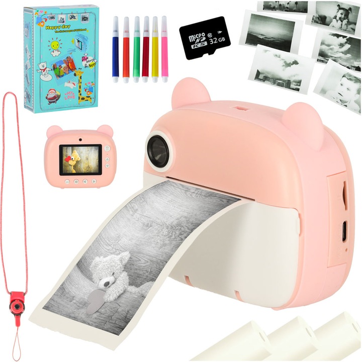 Aparat foto instant pentru copii, Luka, roz, 1080p, set complet cu ...