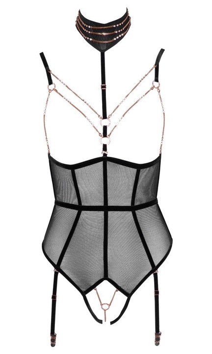 Cottelli Collection szexi body, nyitott lépésbetéttel, levehető pántokkal, fekete, poliamid