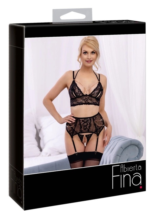 Set sexy din dantela neagra cu aur roz, bralette, portjartiere si chiloti fara crotch, Cottelli Collection