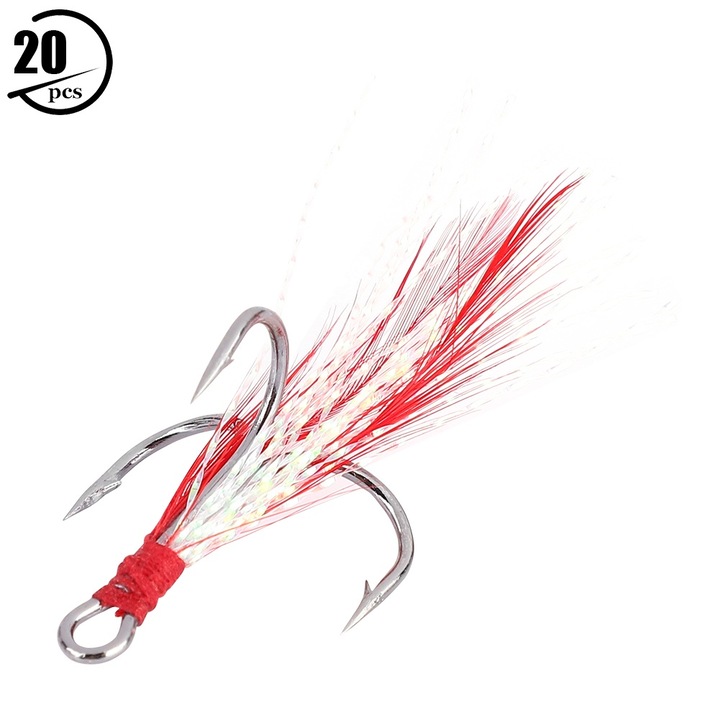20 darabos HENG JIA fém horgászhorog tollfarokkal, 4 méretben, piros