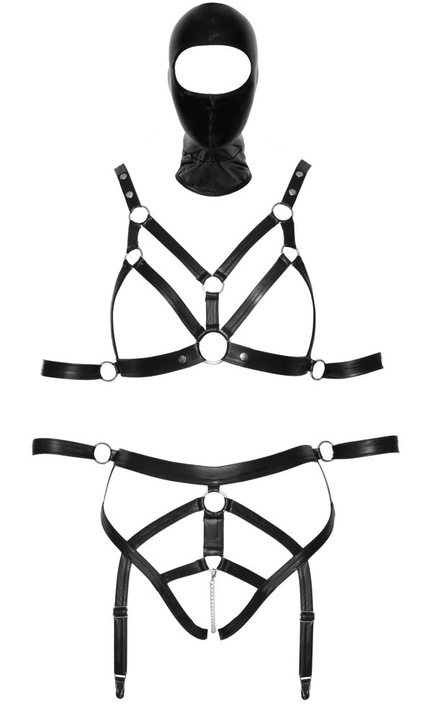 Bad Kitty szexi fehérnemű, 4 mandzsetta, fejmaszk, fekete, poliészter\spandex, S