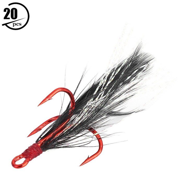 20 db-os HENG JIA fém horgászkampó készlet tollfarokkal, 4 méretben, piros és fekete