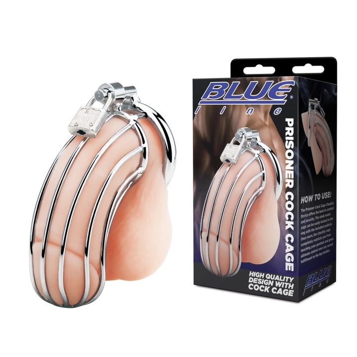 Centura de castitate, Blueline, metal, inox, elegant, usor de curatat, cu lacat, pentru penis
