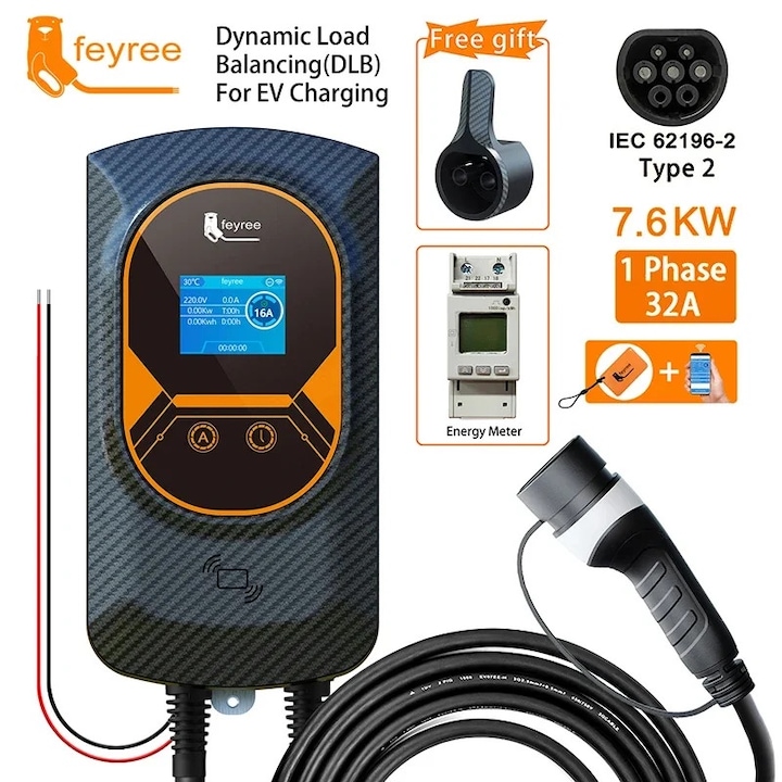 Statie incarcare vehicule electrice, Feyree, 7.6KW, 32A, 1 faza, Tip 2, cablu 5m, negru