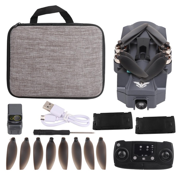 Összecsukható drón 8K kamerával, 360 fokos akadályelkerüléssel, sötétszürke, kihajtva méretei: 175x170x50mm
