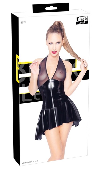 Szexi rövid ruha, Black Level, fényes fekete, powernet kupakkal, kiszélesedő szoknya, poliészter