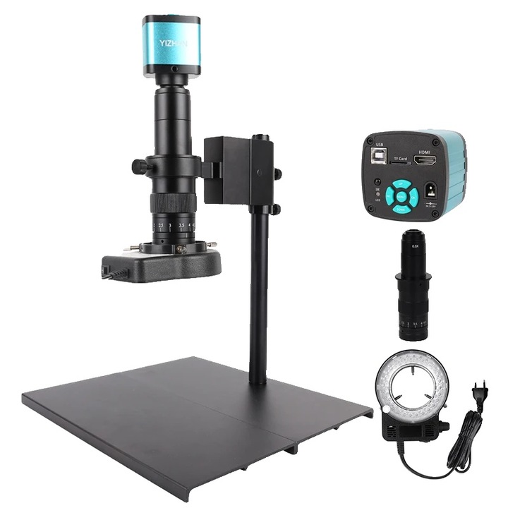 Microscop industrial, 4K 48MP, zoom versatil 180X, iluminare LED negru, dimensiune banc de lucru 260x290x290mm