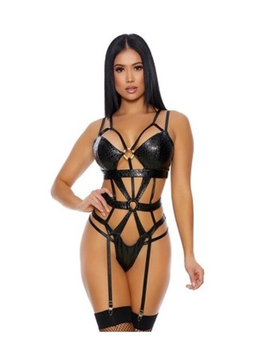 Szexi fehérnemű, ForPlay, matt műbőrből, gepárdmintás, arany O-gyűrű, harisnyatartó és harisnyakötő, XL