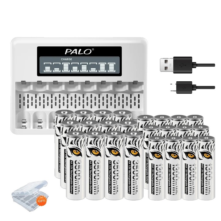 Set baterii reincarcabile PALO AA 3500mWh, AAA 1300mWh cu incarcator