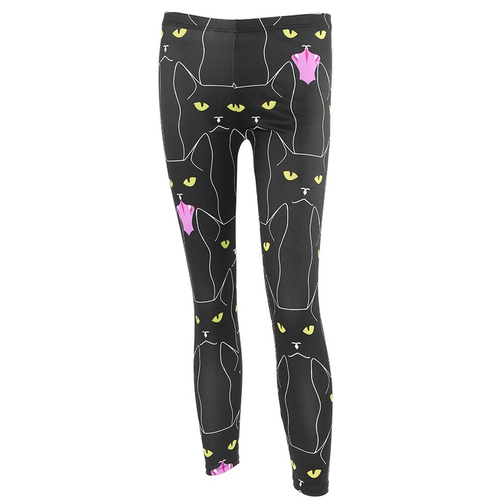 Női sportnadrág, Jormftte, macska mintás, jógához és futáshoz, fekete, rugalmas anyag