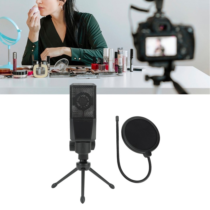 Kondenzátor mikrofon Zajcsökkentő Professzionális kondenzátor mikrofon állvánnyal élő közvetítéshez és podcastinghoz