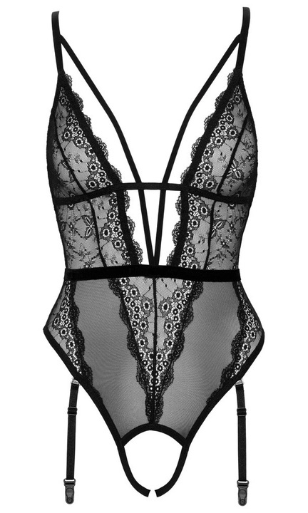 Body sexy Cottelli Lingerie, dantela transparenta, decolteu adanc, negru, poliamida