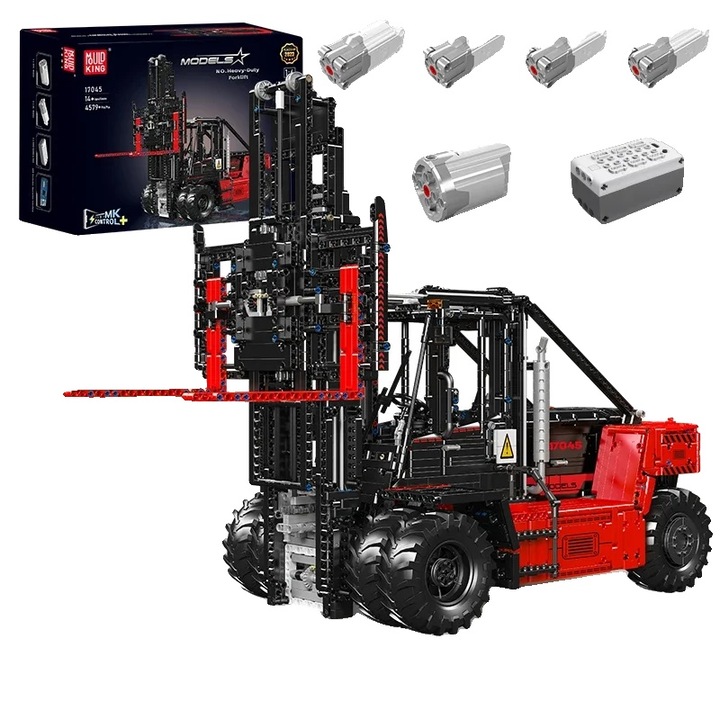 Set utilaje de constructie, Camion cu furca, 4579 piese, control de la distanta, rosu