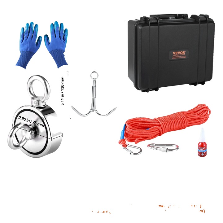 Kit magnet de pescuit, 1200lbs, magnet dublu fata, placare cu nichel, accesorii incluse, cutie impermeabila